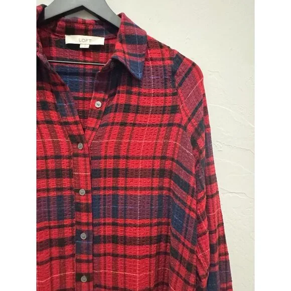 Loft Plaid Mini Shirt Dress Long Sleeve Size Small NWOT Red - Picture 11 of 14